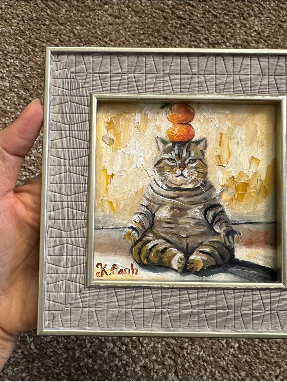 Original oil painting tabby cat doing yoga signed framed 4x4 inches - Picture 2 of 5